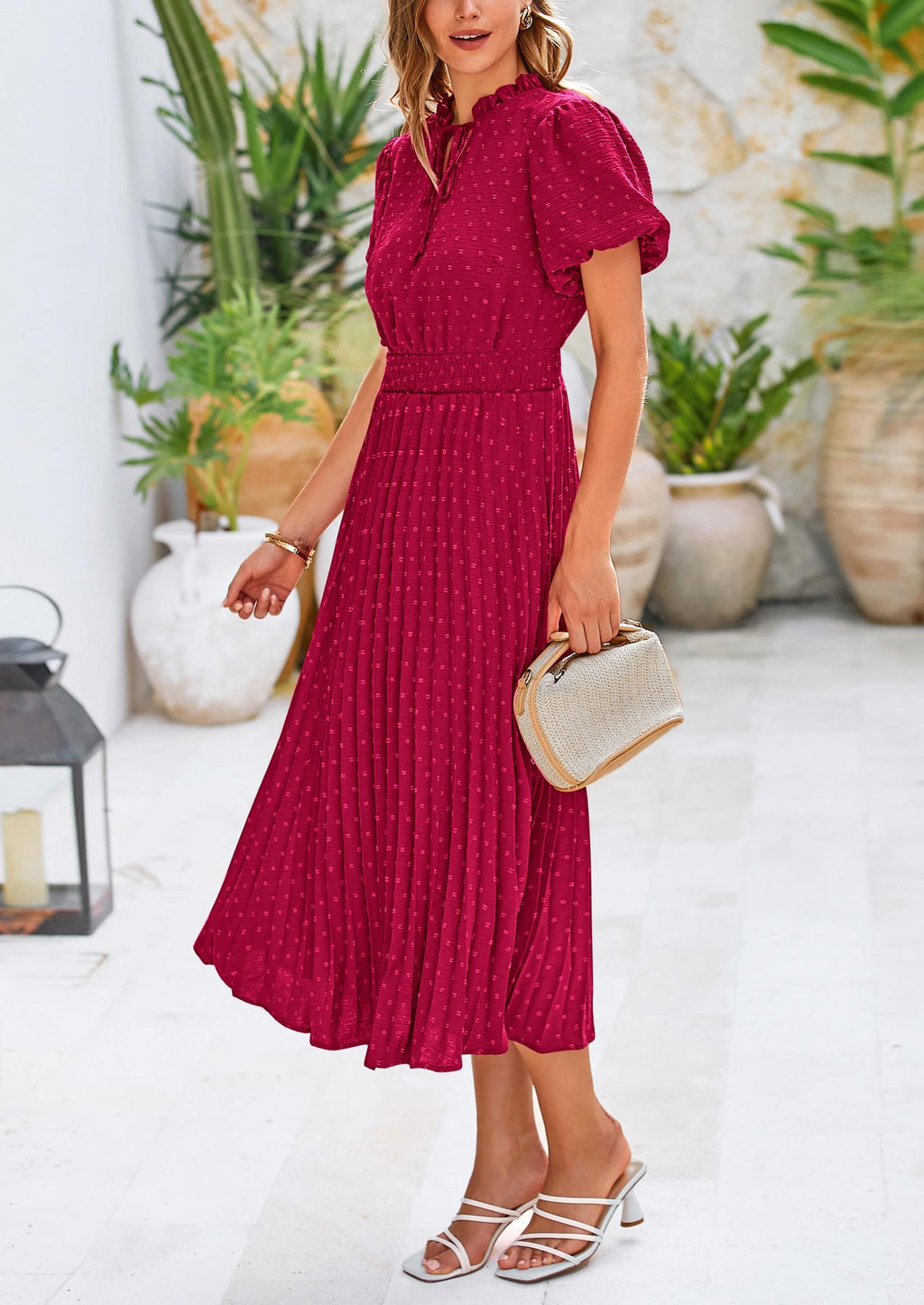PRETTYGARDEN Womens Midi Dresses Puff Short Sleeve V Neck Swiss Dot Pleated A Line Flowy Long Wedding Guest Dress
