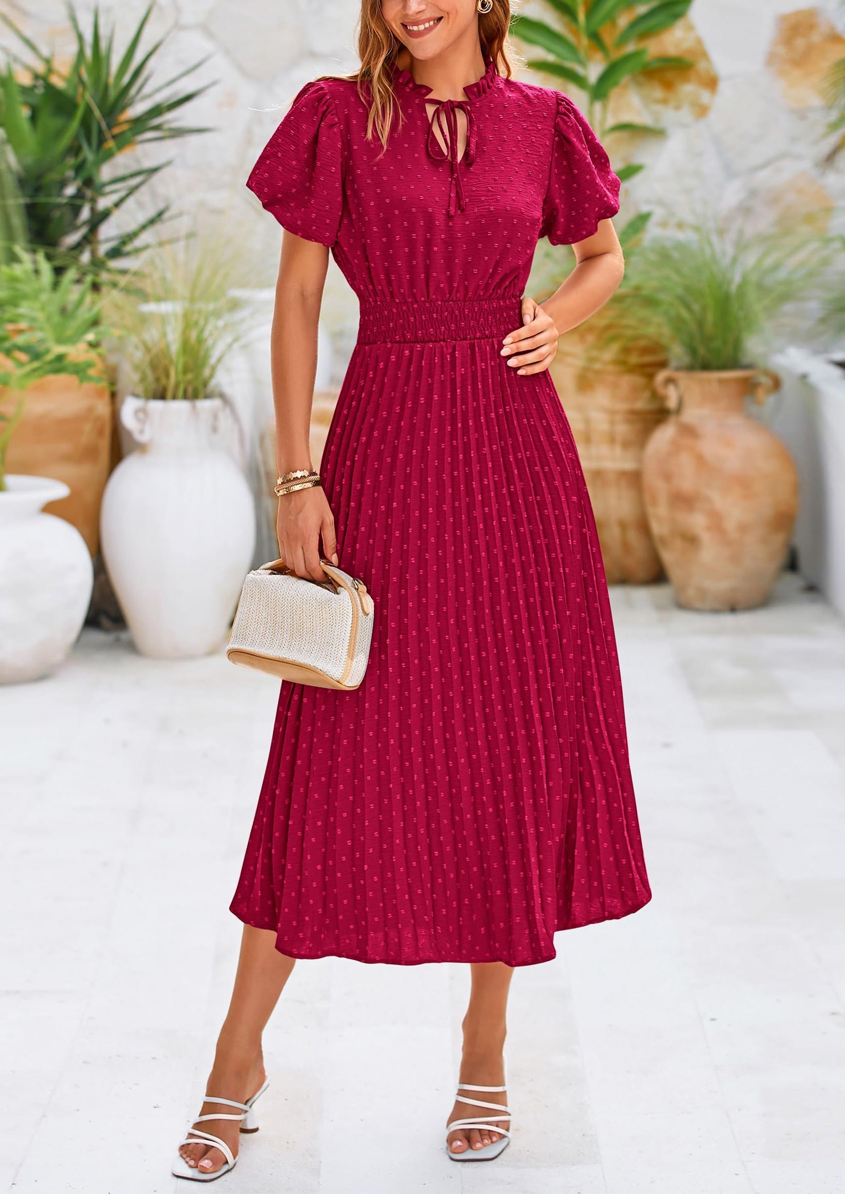 PRETTYGARDEN Womens Midi Dresses Puff Short Sleeve V Neck Swiss Dot Pleated A Line Flowy Long Wedding Guest Dress