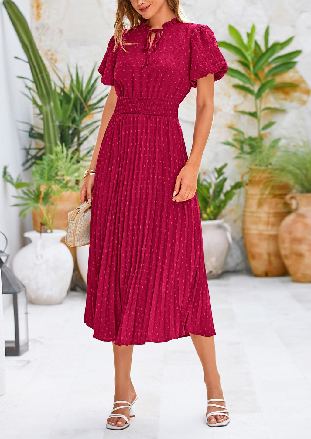 PRETTYGARDEN Womens Midi Dresses Puff Short Sleeve V Neck Swiss Dot Pleated A Line Flowy Long Wedding Guest Dress