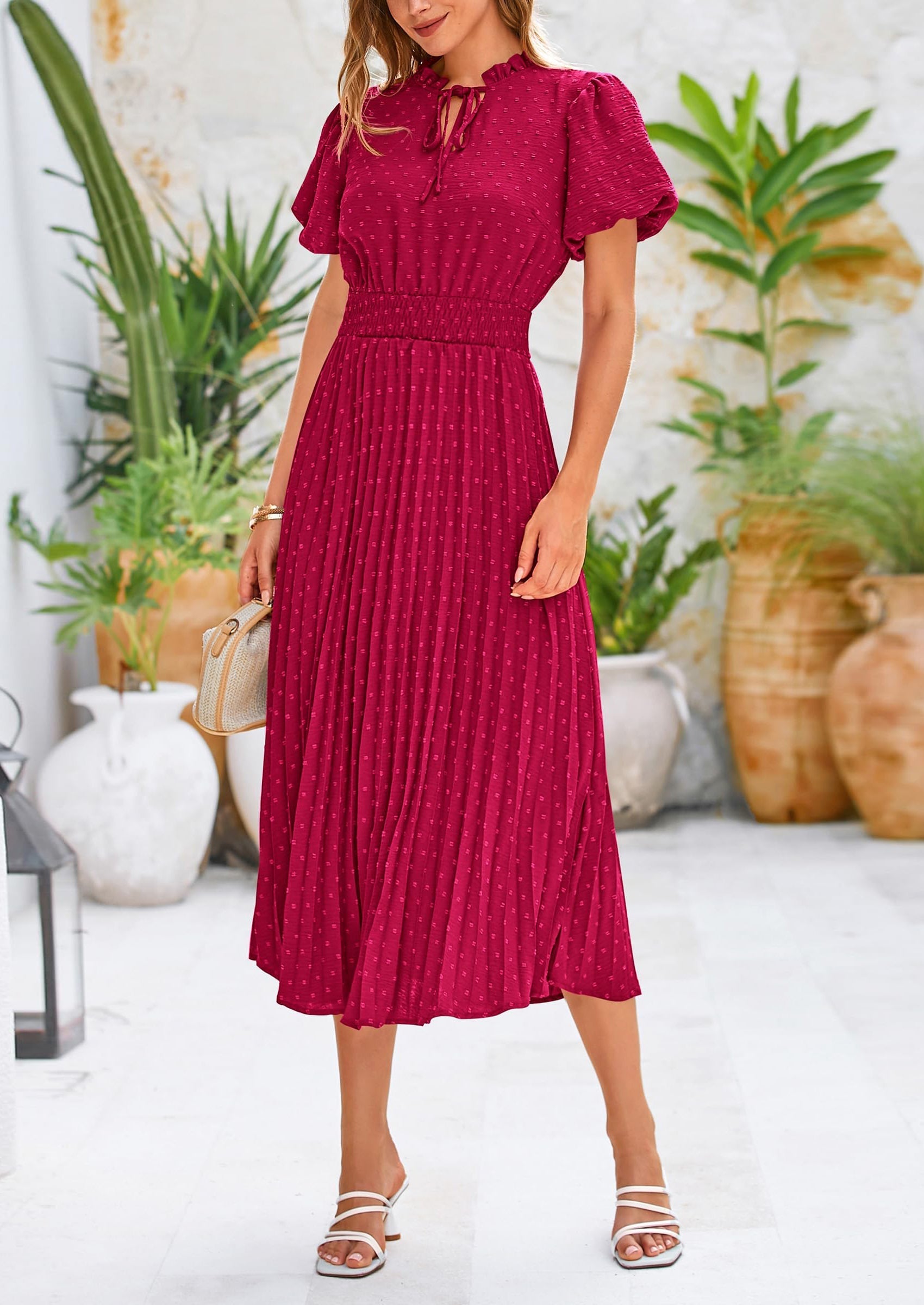 PRETTYGARDEN Womens Midi Dresses Puff Short Sleeve V Neck Swiss Dot Pleated A Line Flowy Long Wedding Guest Dress