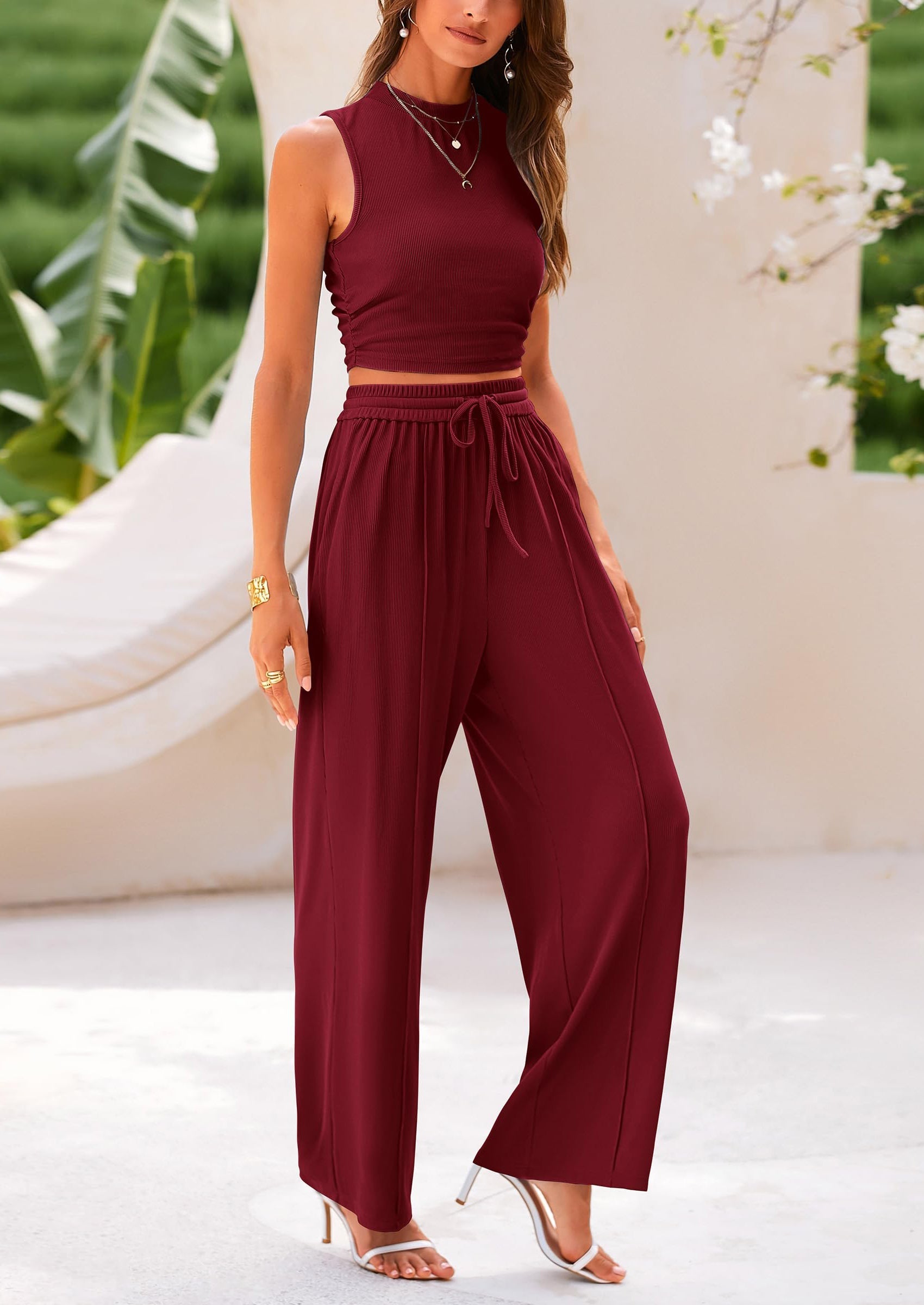 PRETTYGARDEN 2 Piece Sets Sleeveless Tank Ribbed Travel Vacation Lounge Wear Outfits