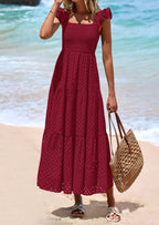 PRETTYGARDEN Womens Square Neck Maxi Dresses Cap Sleeve Eyelet Smocked Tiered A Line Flowy Long Dress with Pockets