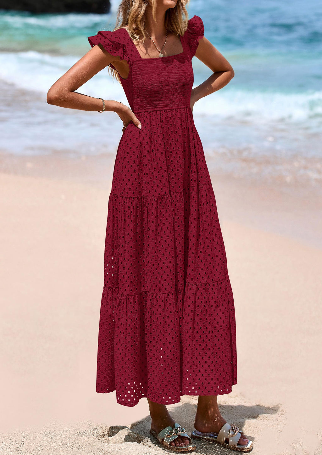 PRETTYGARDEN Womens Square Neck Maxi Dresses Cap Sleeve Eyelet Smocked Tiered A Line Flowy Long Dress with Pockets
