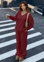 PRETTYGARDEN Casual Winter Two Piece Sets for Women V Neck Sweatshirt Loose Wide Leg Pants Tracksuit Knit Fall Outfits