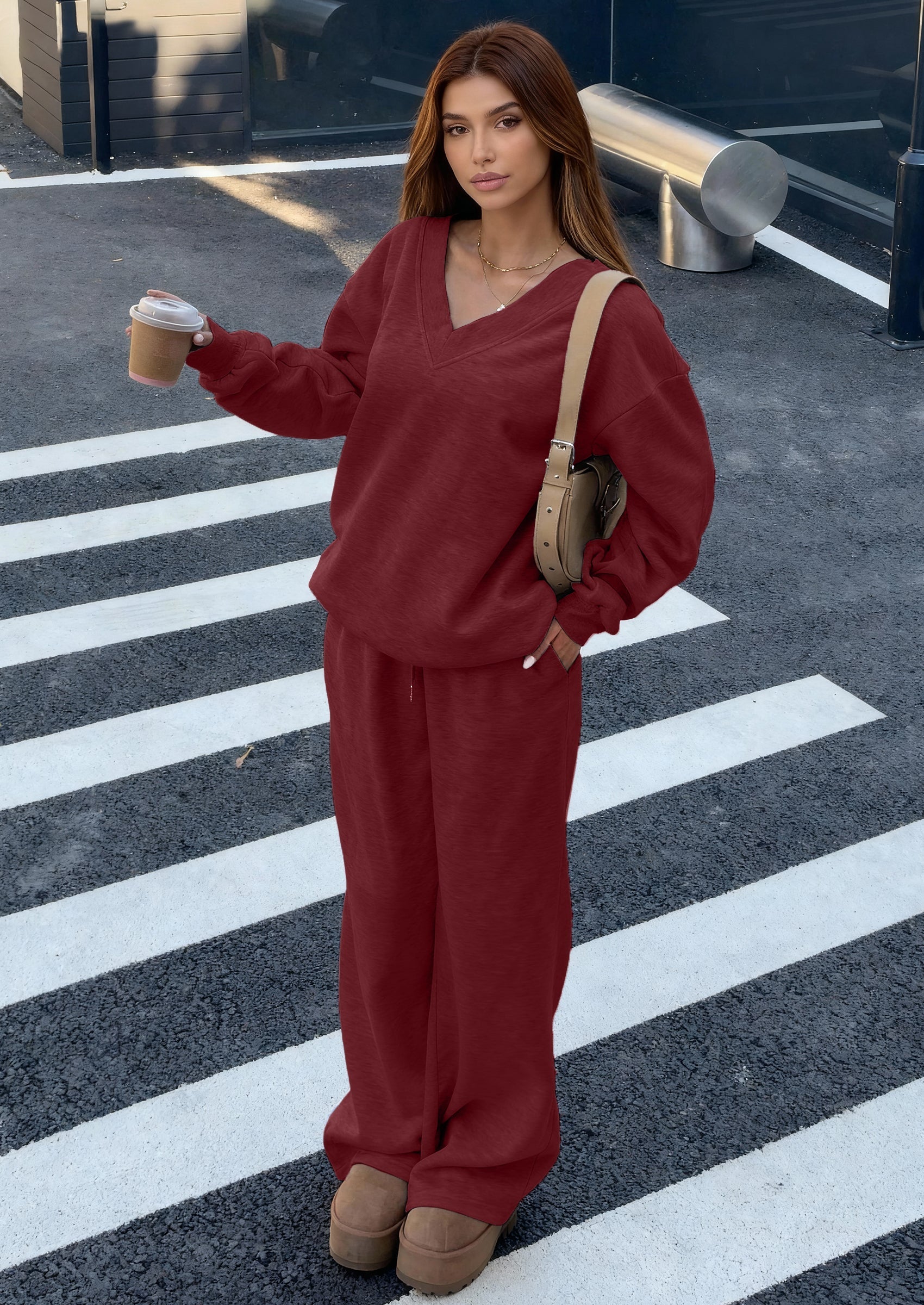 PRETTYGARDEN Casual Winter Two Piece Sets for Women V Neck Sweatshirt Loose Wide Leg Pants Tracksuit Knit Fall Outfits