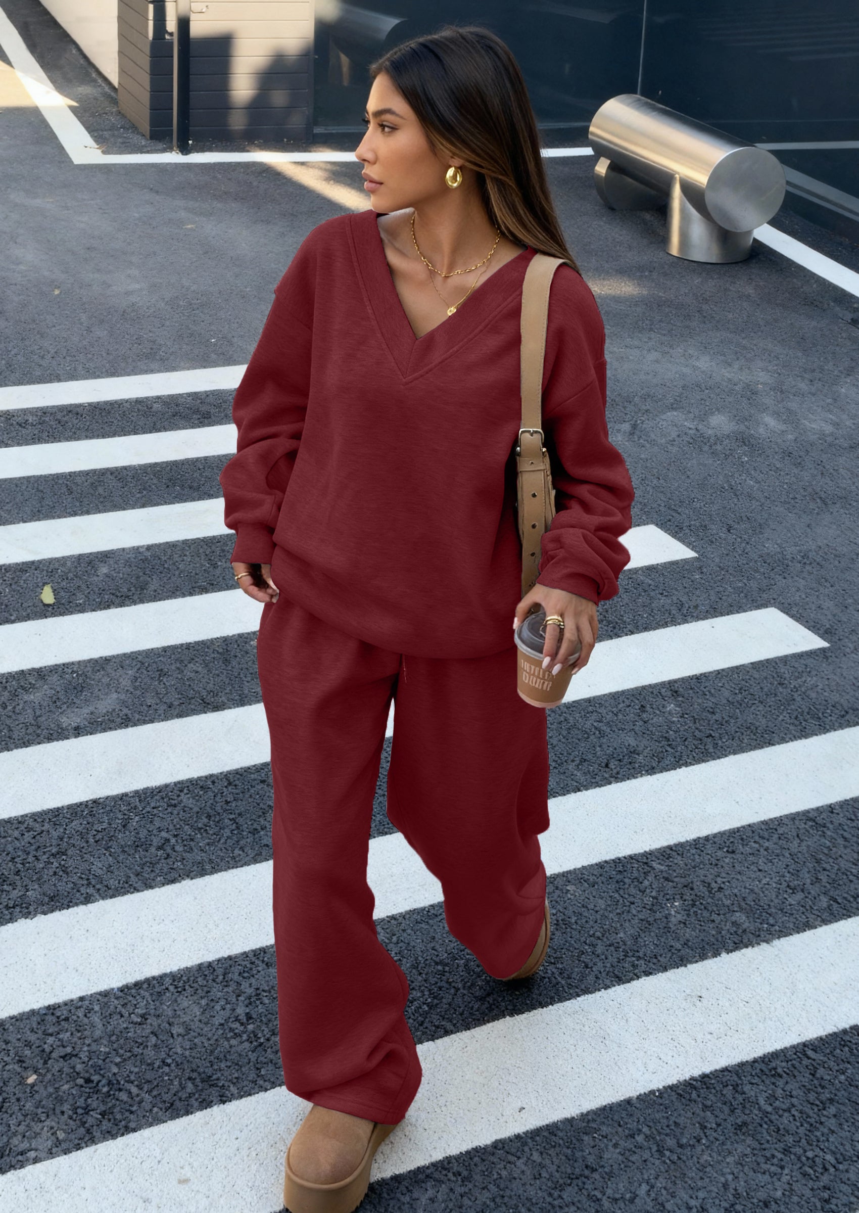 PRETTYGARDEN Casual Winter Two Piece Sets for Women V Neck Sweatshirt Loose Wide Leg Pants Tracksuit Knit Fall Outfits