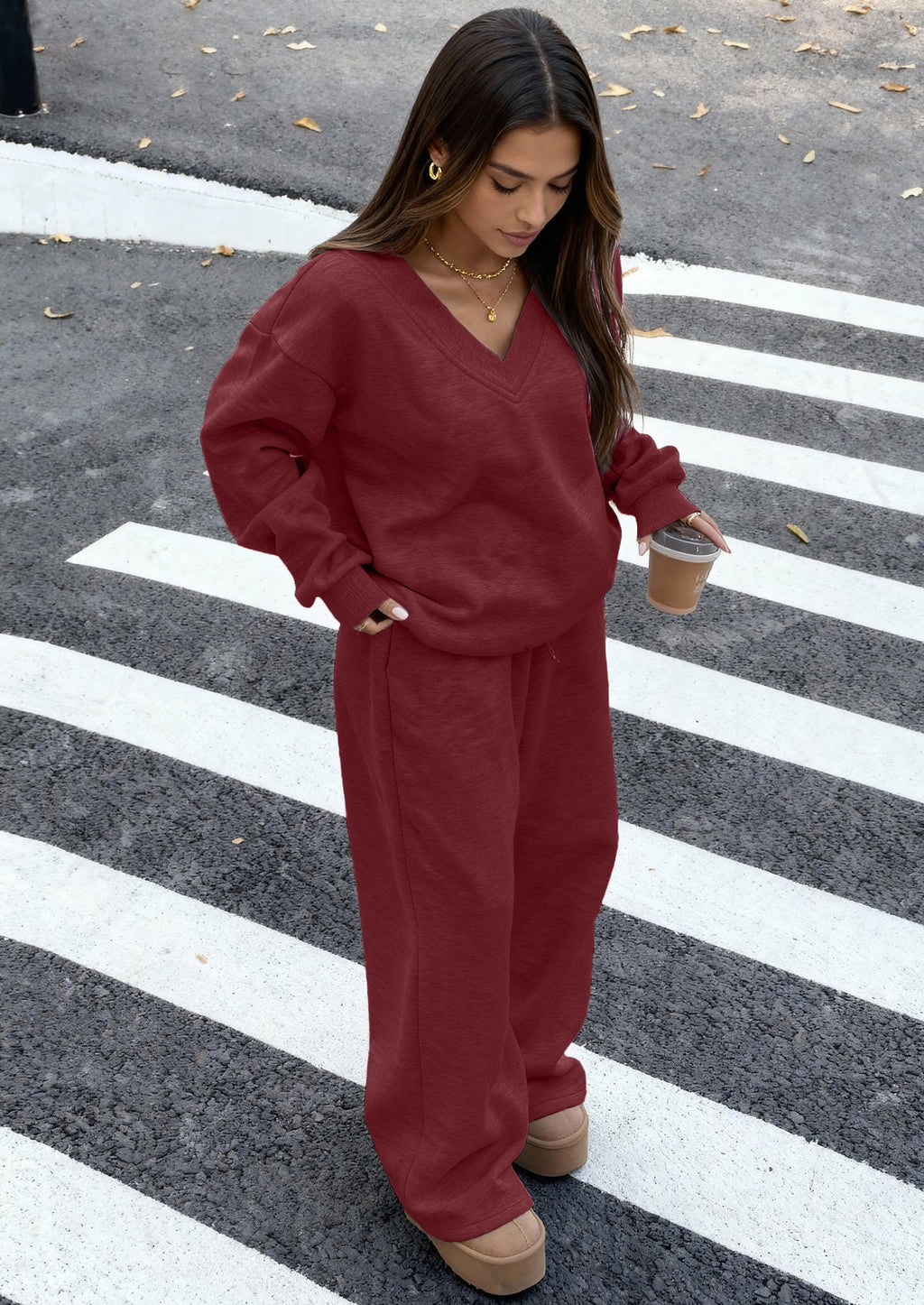 PRETTYGARDEN Casual Winter Two Piece Sets for Women V Neck Sweatshirt Loose Wide Leg Pants Tracksuit Knit Fall Outfits