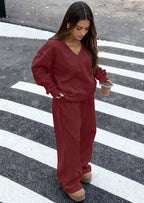 PRETTYGARDEN Casual Winter Two Piece Sets for Women V Neck Sweatshirt Loose Wide Leg Pants Tracksuit Knit Fall Outfits