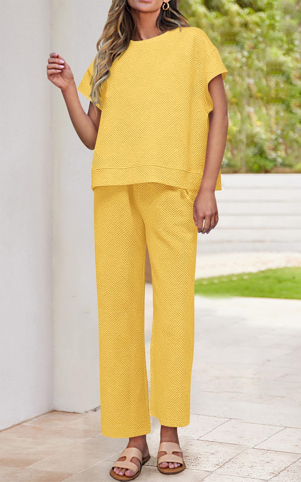 PRETTYGARDEN 2 Piece Outfits For Women Casual Tracksuit Short Sleeve Tops And Wide Leg Long Pants Matching Lounge Sets