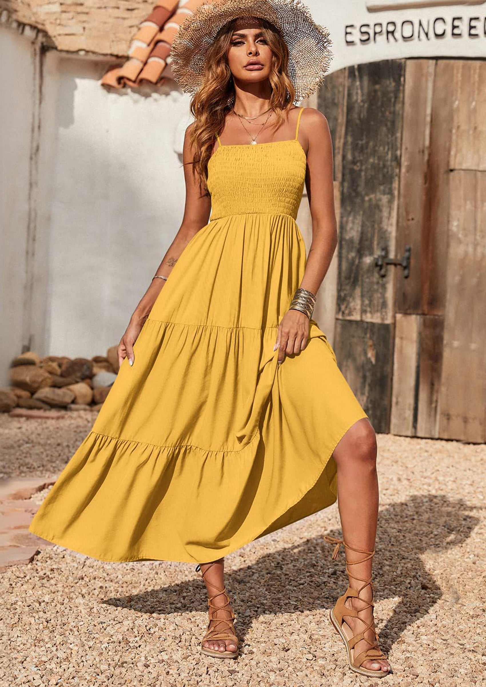 PRETTYGARDEN Women's Summer Maxi Dress Casual Boho Sleeveless Spaghetti Strap Smocked Tiered Long Beach Sundresses