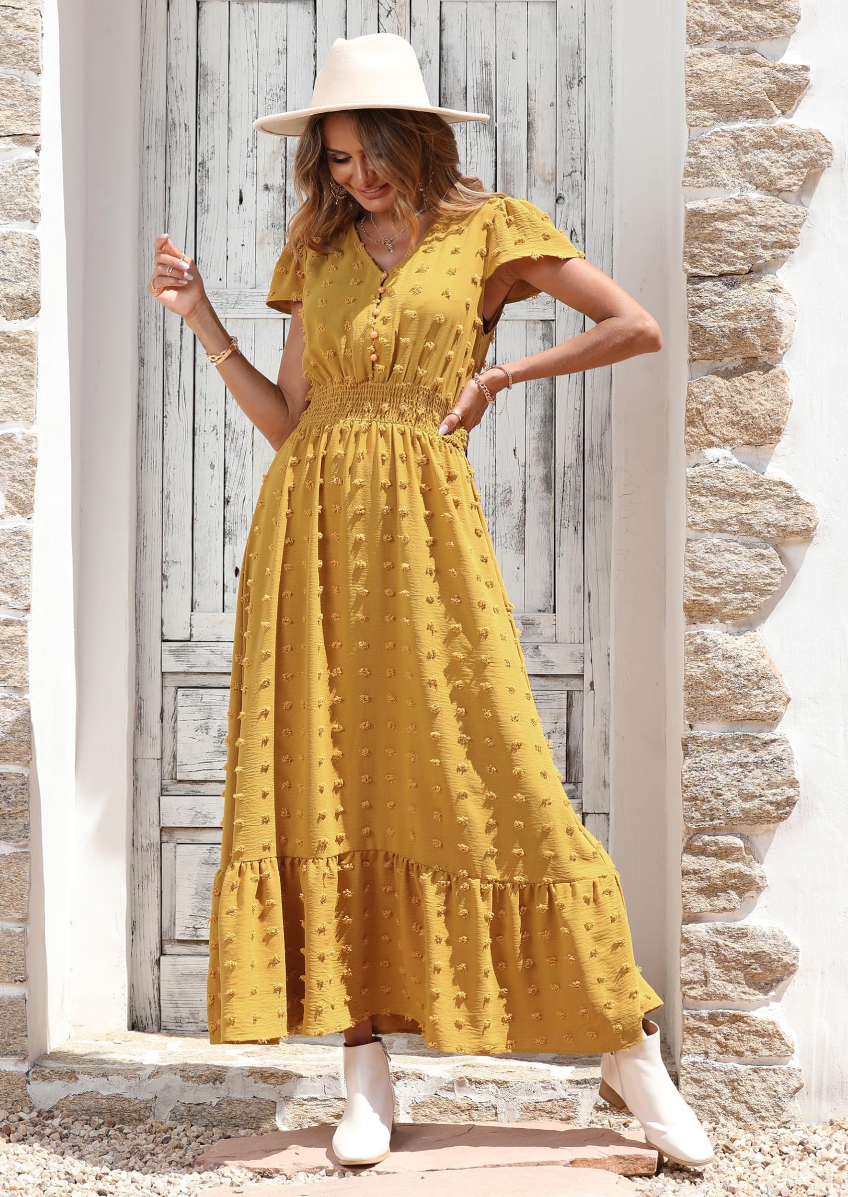 PRETTYGARDEN Womens Dresses Summer Maxi Dress Boho Short Sleeve V Neck Swiss Dot Ruffle Tiered Smocked Flowy Long Dress