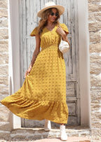 PRETTYGARDEN Womens Dresses Summer Maxi Dress Boho Short Sleeve V Neck Swiss Dot Ruffle Tiered Smocked Flowy Long Dress