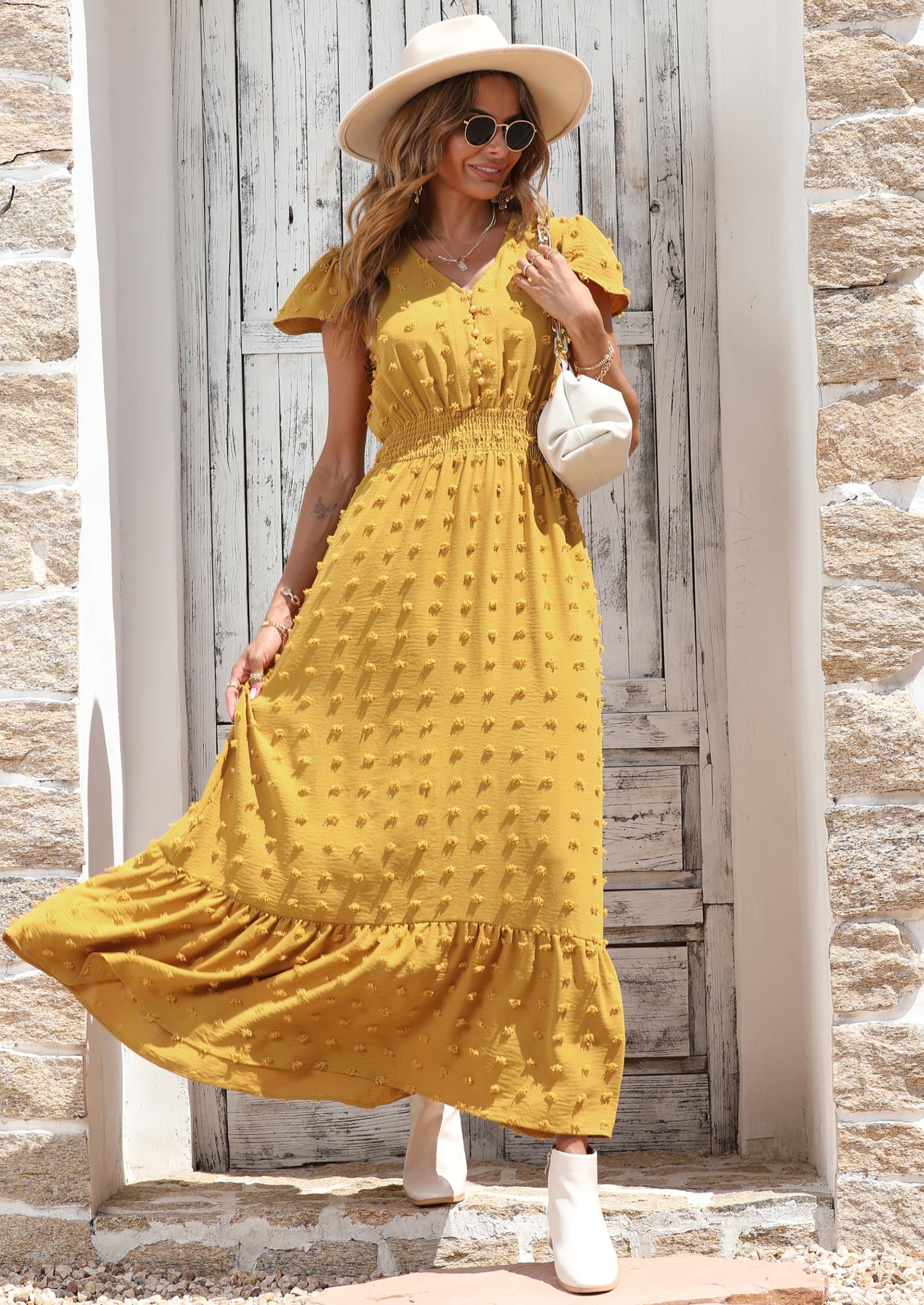 PRETTYGARDEN Womens Dresses Summer Maxi Dress Boho Short Sleeve V Neck Swiss Dot Ruffle Tiered Smocked Flowy Long Dress