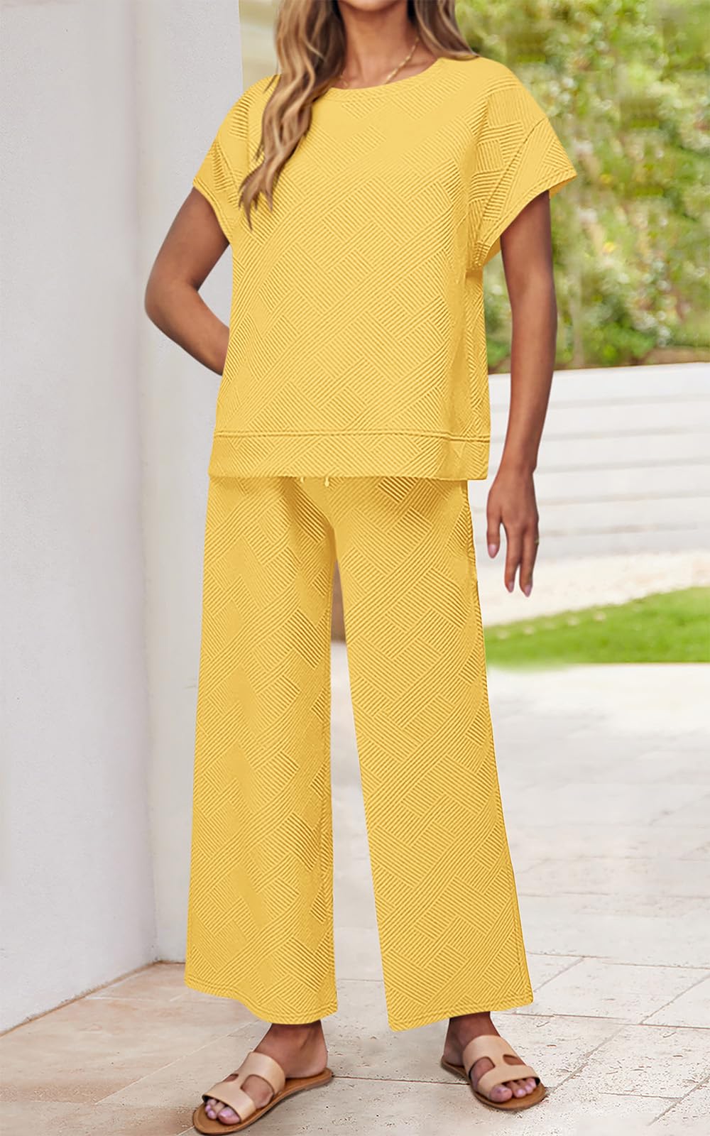 PRETTYGARDEN 2 Piece Outfits For Women Casual Tracksuit Short Sleeve Tops And Wide Leg Long Pants Matching Lounge Sets