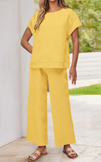 PRETTYGARDEN 2 Piece Outfits For Women Casual Tracksuit Short Sleeve Tops And Wide Leg Long Pants Matching Lounge Sets