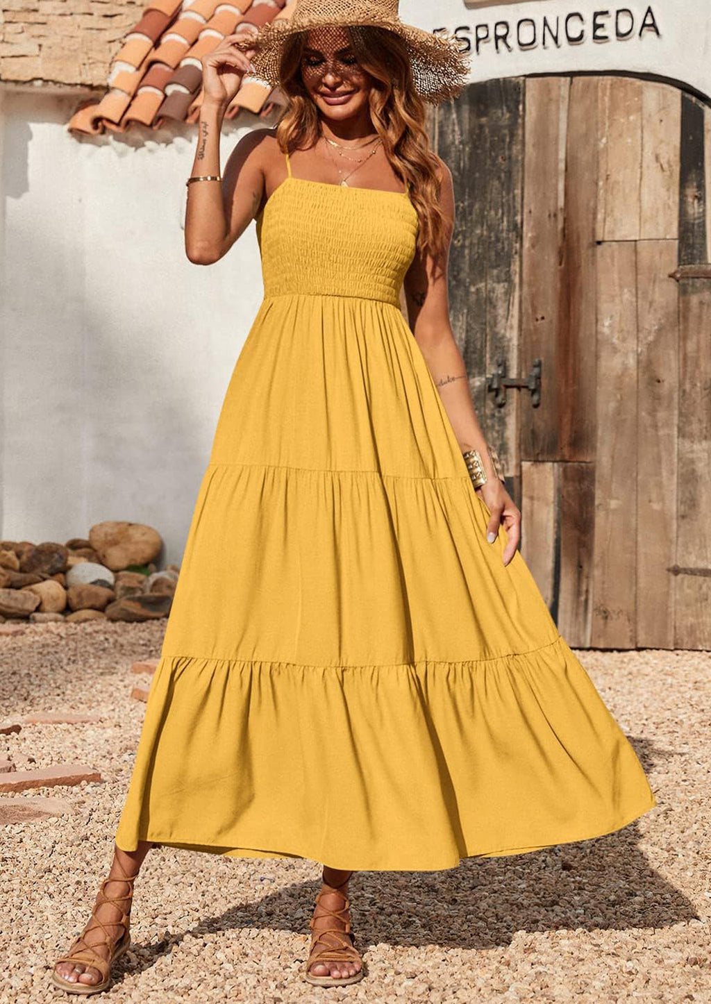 PRETTYGARDEN Women's Summer Maxi Dress Casual Boho Sleeveless Spaghetti Strap Smocked Tiered Long Beach Sundresses
