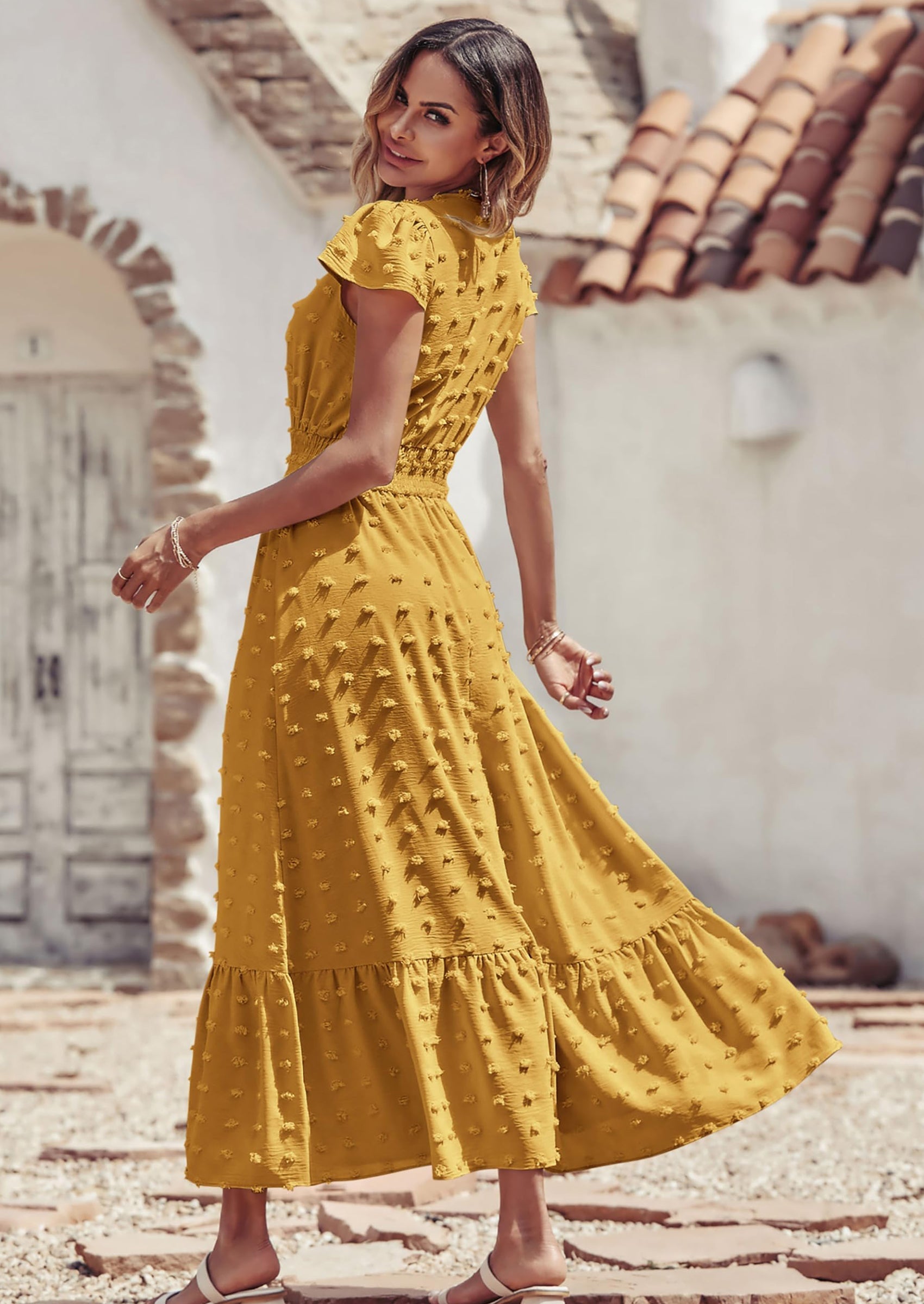 PRETTYGARDEN Womens Dresses Summer Maxi Dress Boho Short Sleeve V Neck Swiss Dot Ruffle Tiered Smocked Flowy Long Dress
