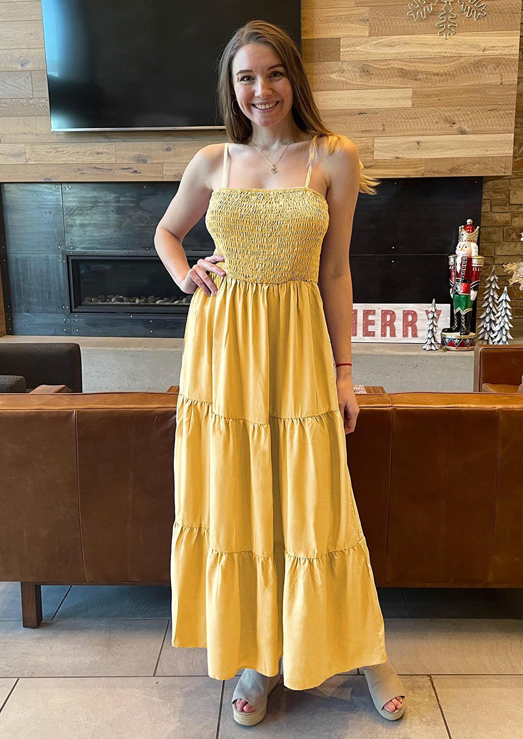 PRETTYGARDEN Women's Summer Maxi Dress Casual Boho Sleeveless Spaghetti Strap Smocked Tiered Long Beach Sundresses
