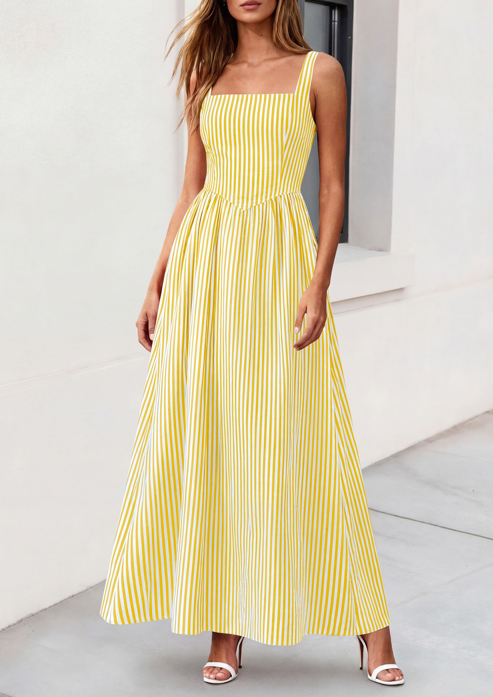 PRETTYGARDEN Women's Maxi Striped Dress Summer Sleeveless Square Neck Smocked A Line Long Flowy Spring Vacation Sundress