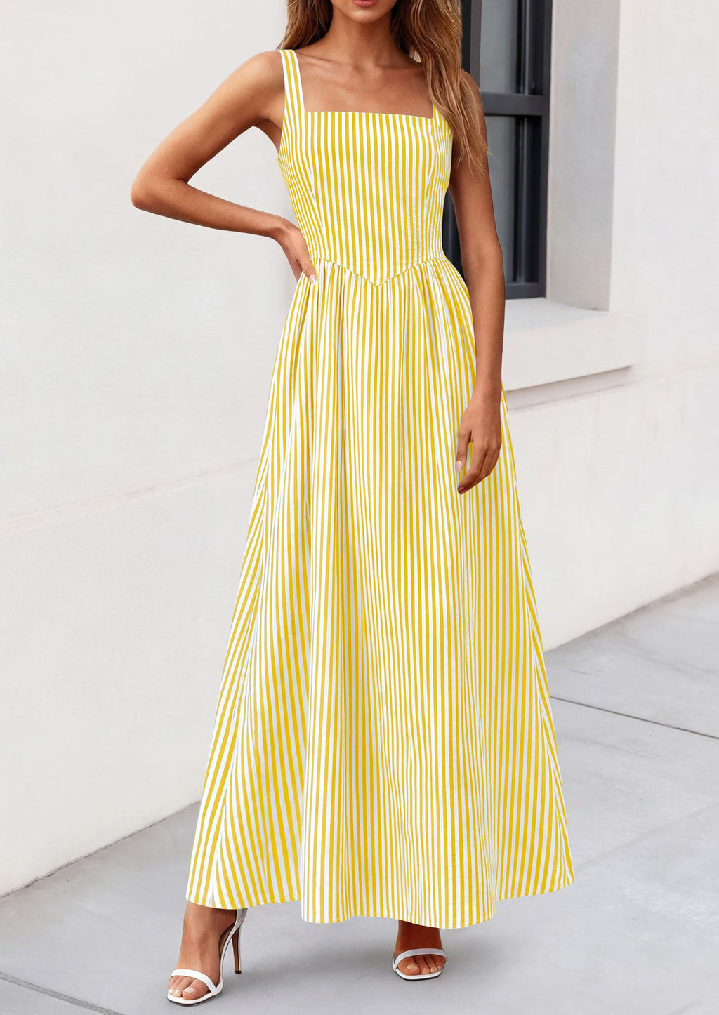 PRETTYGARDEN Women's Maxi Striped Dress Summer Sleeveless Square Neck Smocked A Line Long Flowy Spring Vacation Sundress