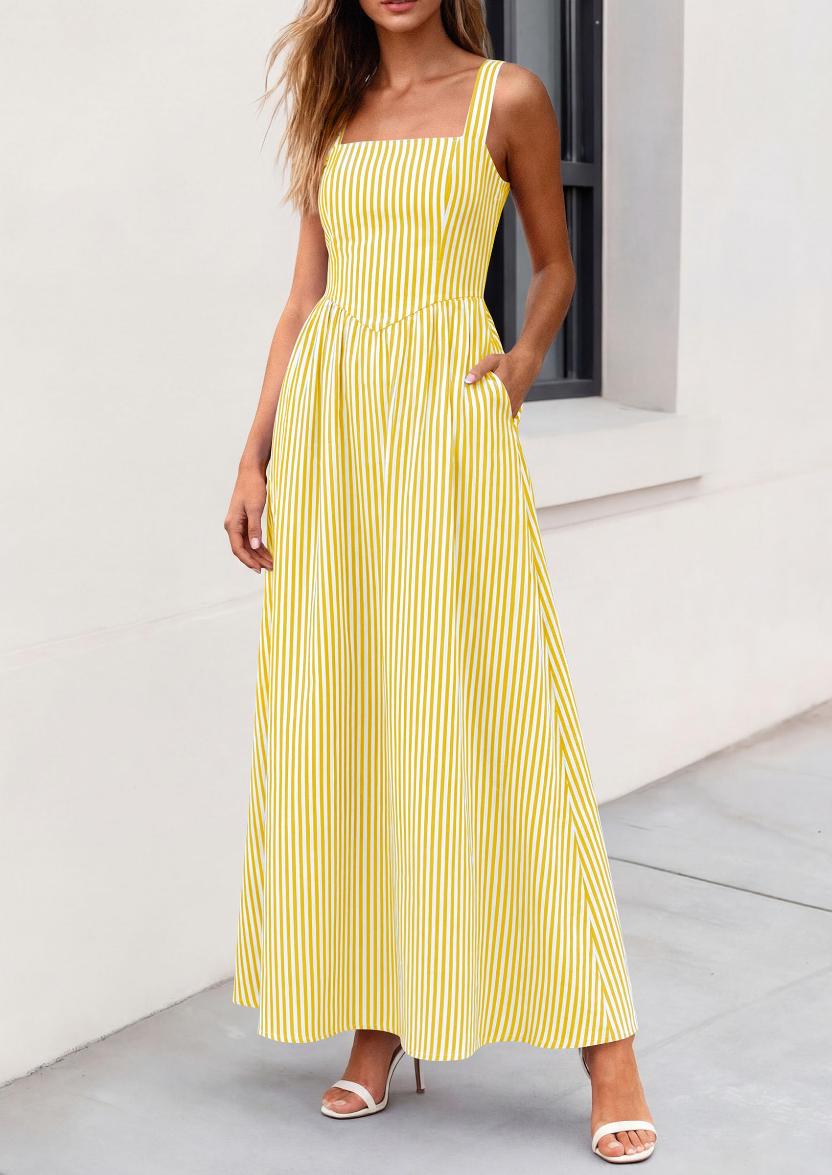 PRETTYGARDEN Women's Maxi Striped Dress Summer Sleeveless Square Neck Smocked A Line Long Flowy Spring Vacation Sundress