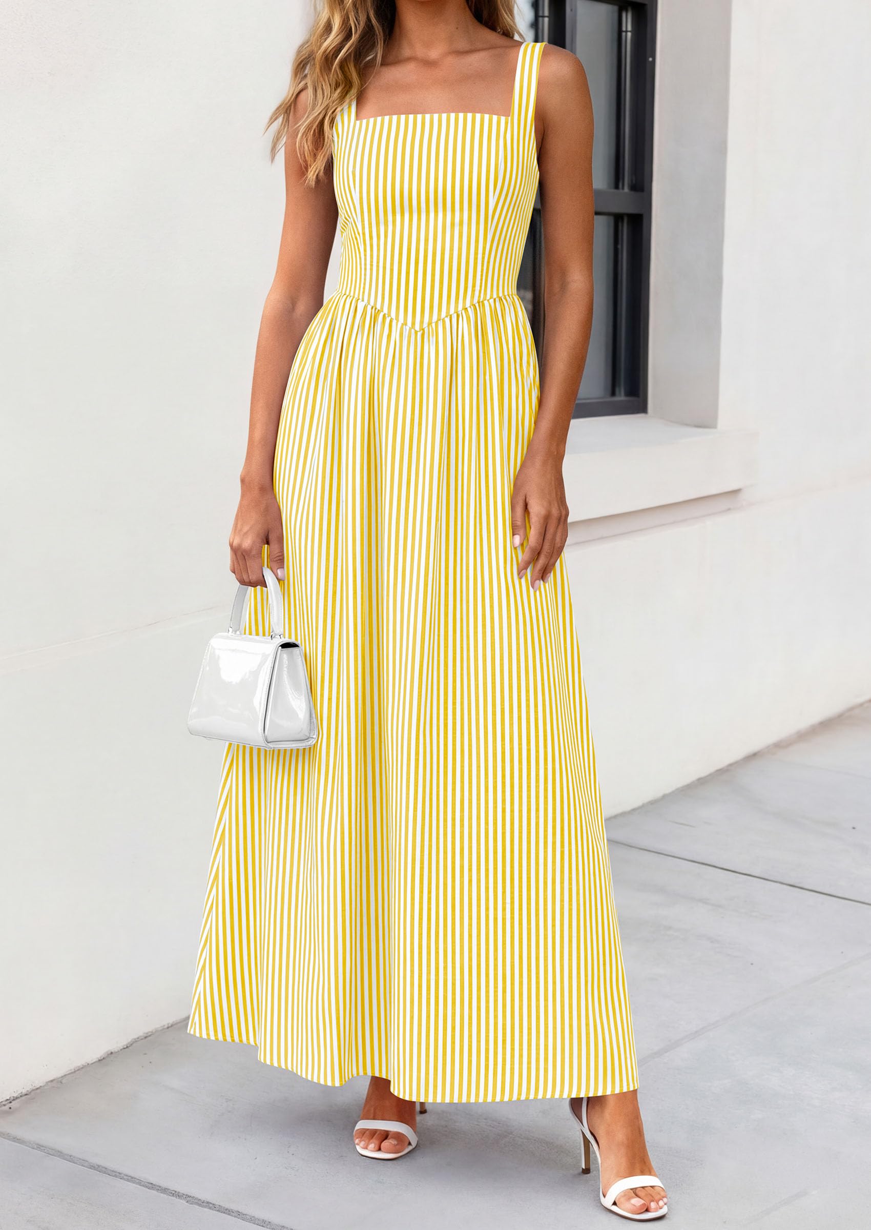 PRETTYGARDEN Women's Maxi Striped Dress Summer Sleeveless Square Neck Smocked A Line Long Flowy Spring Vacation Sundress