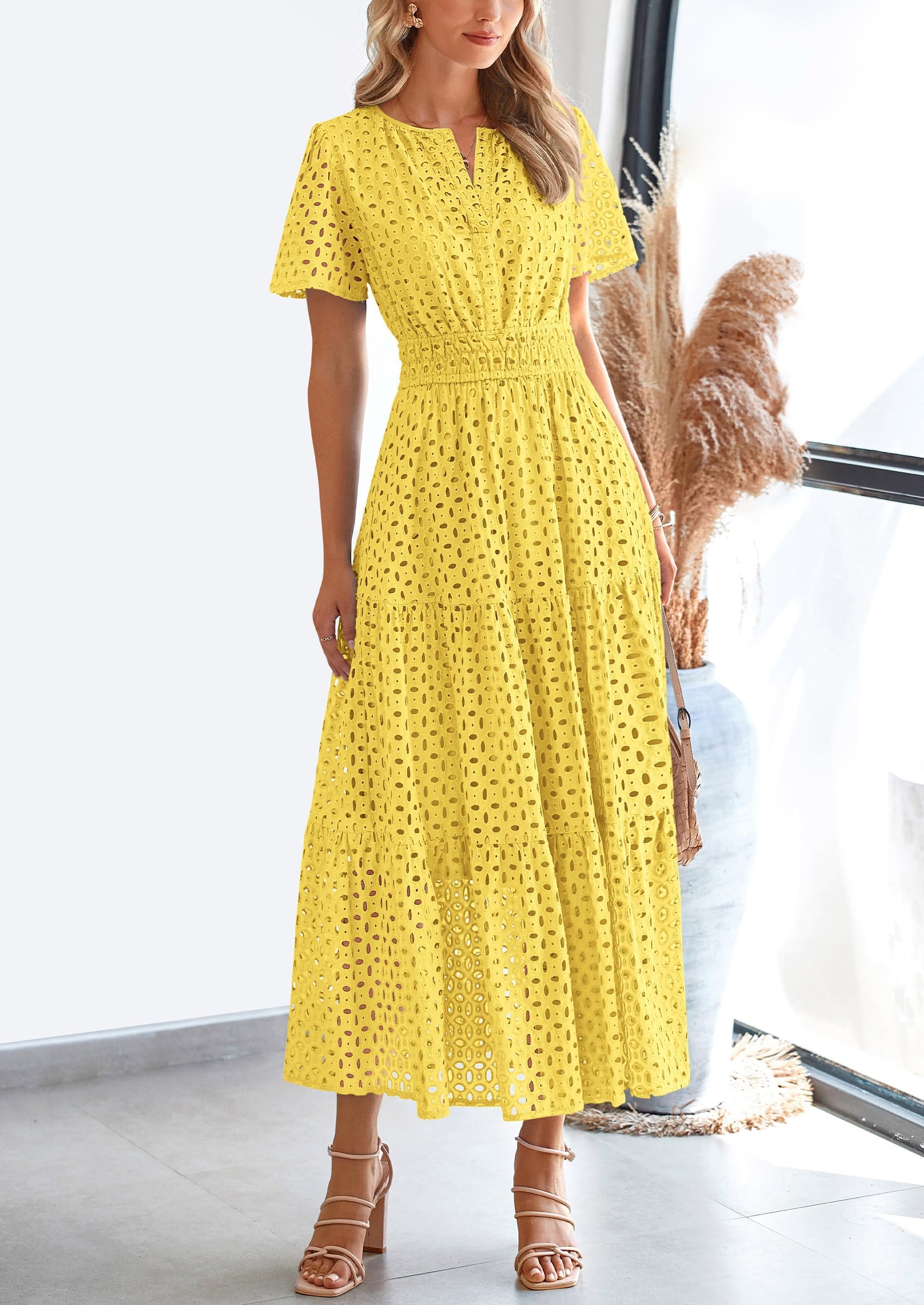 PRETTYGARDEN Womens Maxi Dress Short Sleeve V Neck Hollow Out Eyelet A Line Long Flowy Beach Vacation Dresses