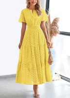 PRETTYGARDEN Womens Maxi Dress Short Sleeve V Neck Hollow Out Eyelet A Line Long Flowy Beach Vacation Dresses