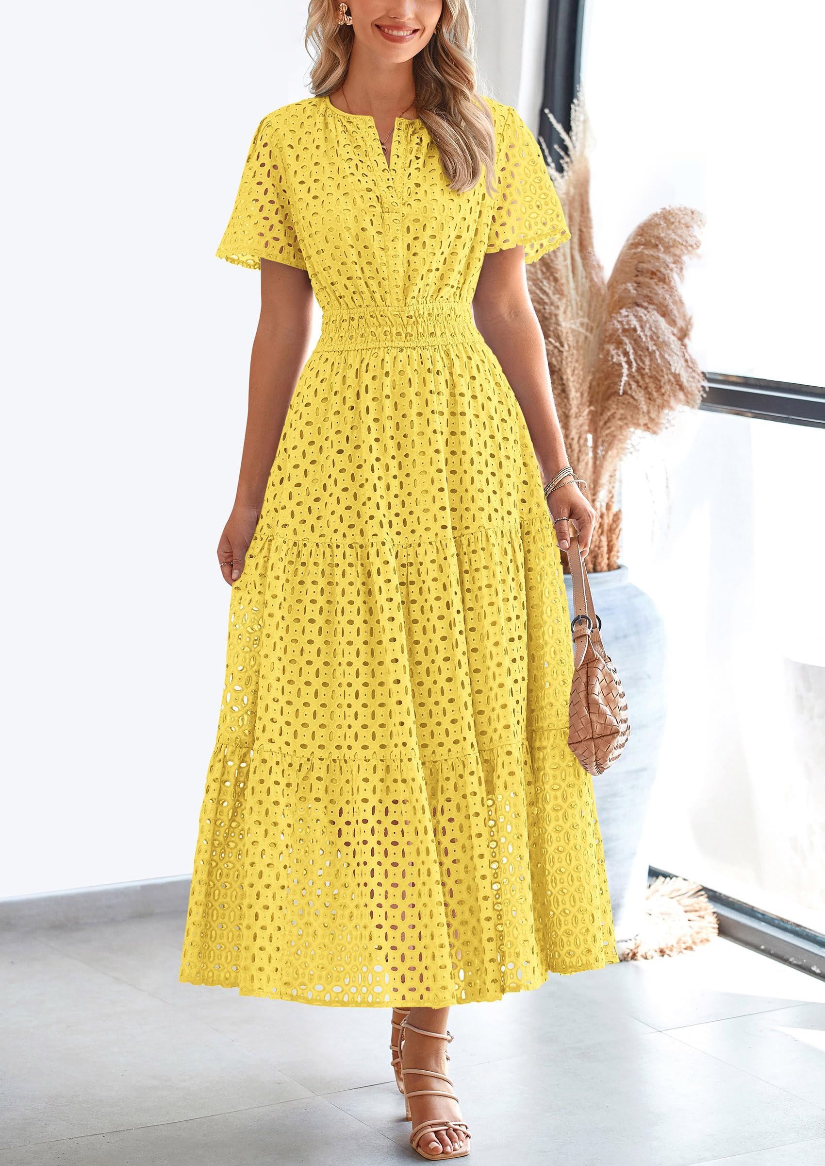 PRETTYGARDEN Womens Maxi Dress Short Sleeve V Neck Hollow Out Eyelet A Line Long Flowy Beach Vacation Dresses