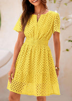 PRETTYGARDEN Women Summer Short Dress V Neck Short Sleeve A Line Hollow Out Lace Ruffle Cute Casual Beach Party Dresses