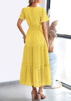 PRETTYGARDEN Womens Maxi Dress Short Sleeve V Neck Hollow Out Eyelet A Line Long Flowy Beach Vacation Dresses