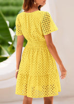 PRETTYGARDEN Women Summer Short Dress V Neck Short Sleeve A Line Hollow Out Lace Ruffle Cute Casual Beach Party Dresses