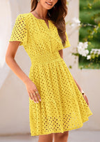 PRETTYGARDEN Women Summer Short Dress V Neck Short Sleeve A Line Hollow Out Lace Ruffle Cute Casual Beach Party Dresses