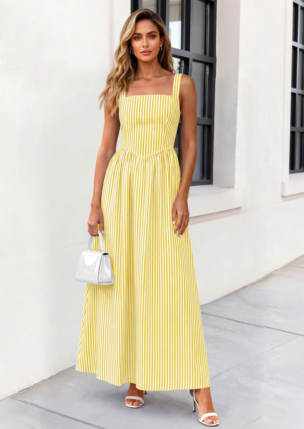 PRETTYGARDEN Women's Maxi Striped Dress Summer Sleeveless Square Neck Smocked A Line Long Flowy Spring Vacation Sundress