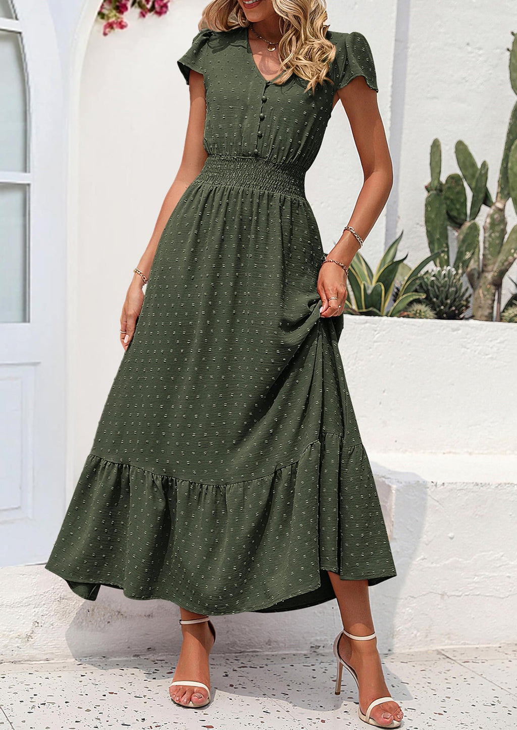 PRETTYGARDEN Womens Dresses Summer Maxi Dress Boho Short Sleeve V Neck Swiss Dot Ruffle Tiered Smocked Flowy Long Dress