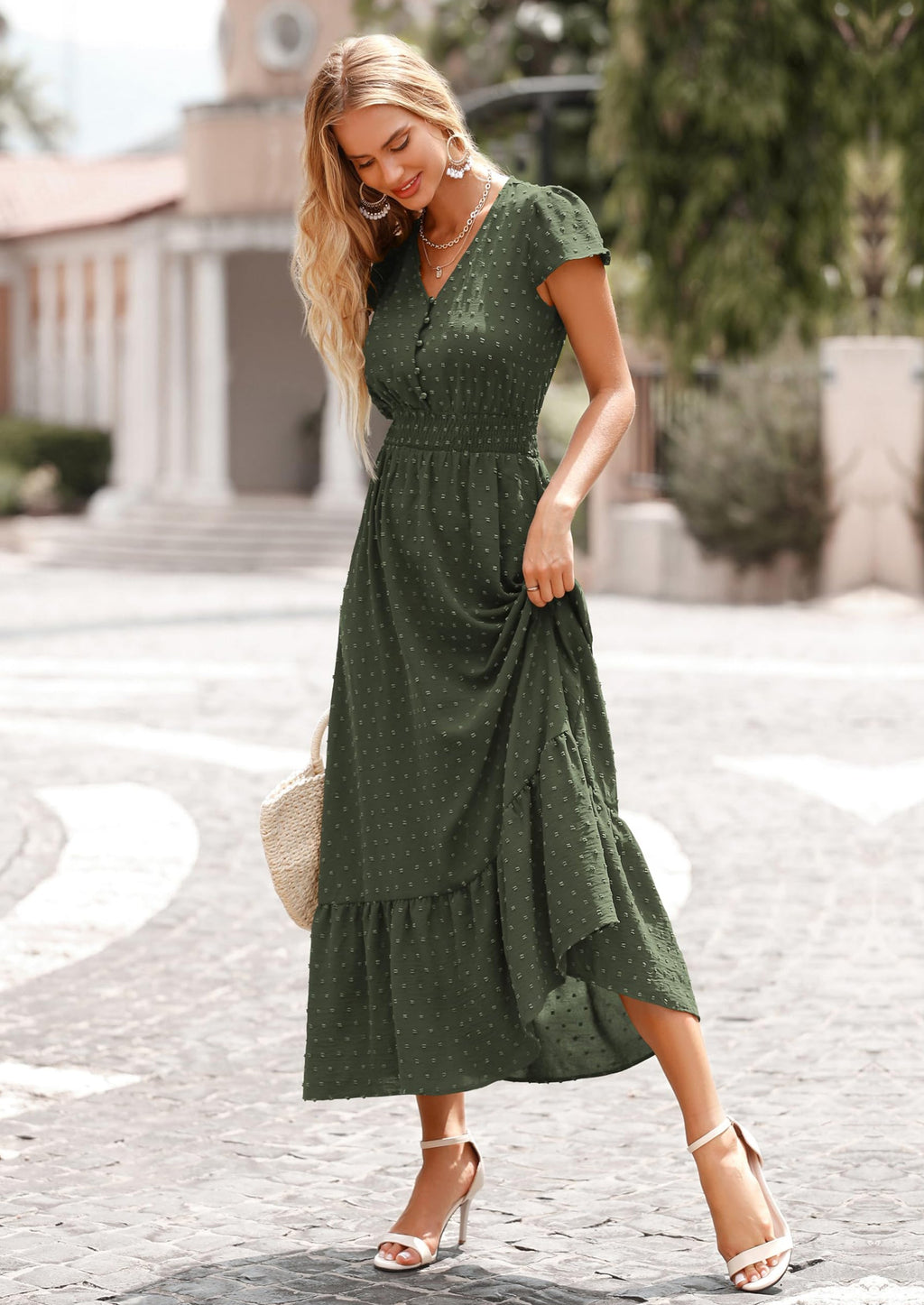 PRETTYGARDEN Womens Dresses Summer Maxi Dress Boho Short Sleeve V Neck Swiss Dot Ruffle Tiered Smocked Flowy Long Dress