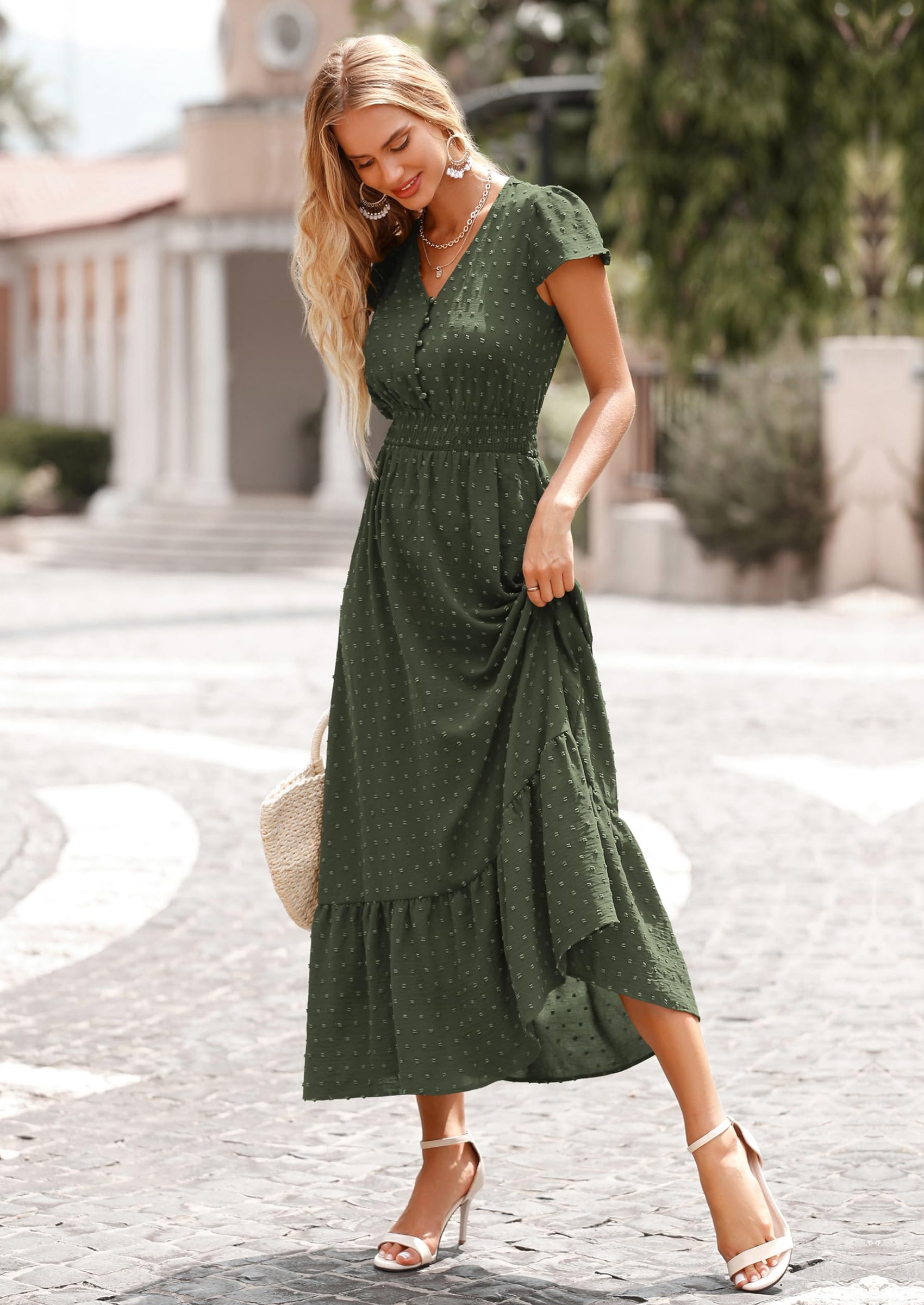 PRETTYGARDEN Womens Dresses Summer Maxi Dress Boho Short Sleeve V Neck Swiss Dot Ruffle Tiered Smocked Flowy Long Dress