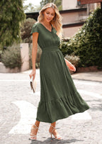 PRETTYGARDEN Womens Dresses Summer Maxi Dress Boho Short Sleeve V Neck Swiss Dot Ruffle Tiered Smocked Flowy Long Dress