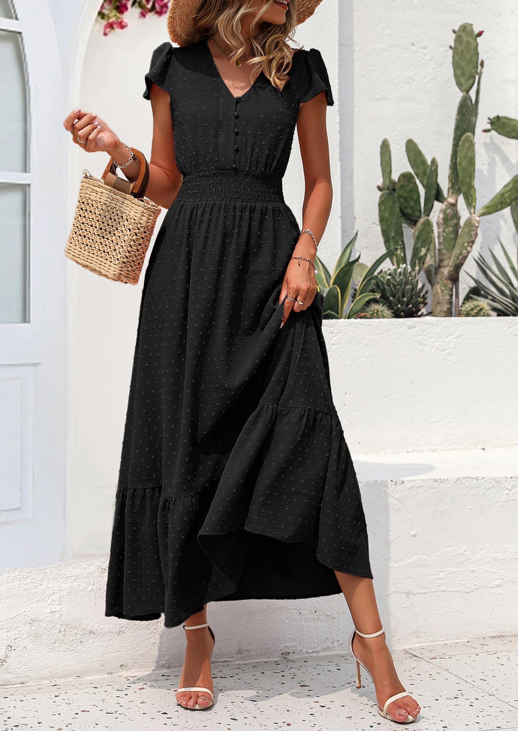 PRETTYGARDEN Womens Dresses Summer Maxi Dress Boho Short Sleeve V Neck Swiss Dot Ruffle Tiered Smocked Flowy Long Dress