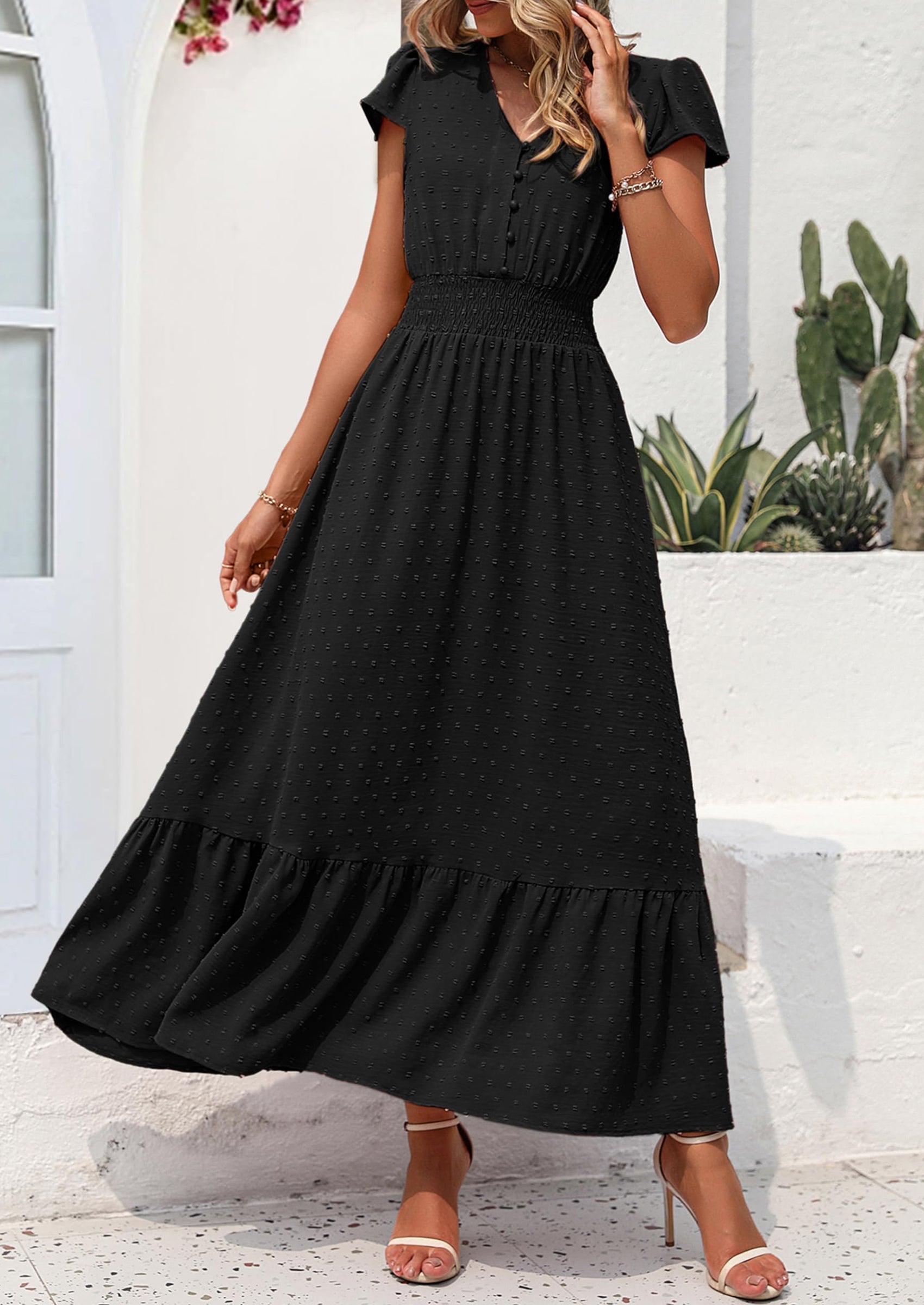 PRETTYGARDEN Womens Dresses Summer Maxi Dress Boho Short Sleeve V Neck Swiss Dot Ruffle Tiered Smocked Flowy Long Dress