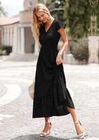 PRETTYGARDEN Womens Dresses Summer Maxi Dress Boho Short Sleeve V Neck Swiss Dot Ruffle Tiered Smocked Flowy Long Dress