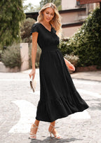 PRETTYGARDEN Womens Dresses Summer Maxi Dress Boho Short Sleeve V Neck Swiss Dot Ruffle Tiered Smocked Flowy Long Dress
