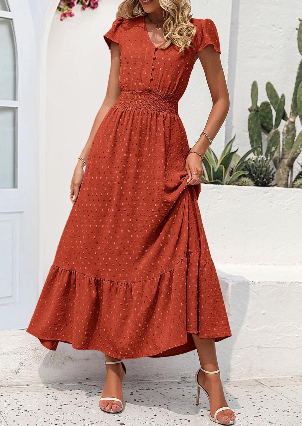 PRETTYGARDEN Womens Dresses Summer Maxi Dress Boho Short Sleeve V Neck Swiss Dot Ruffle Tiered Smocked Flowy Long Dress