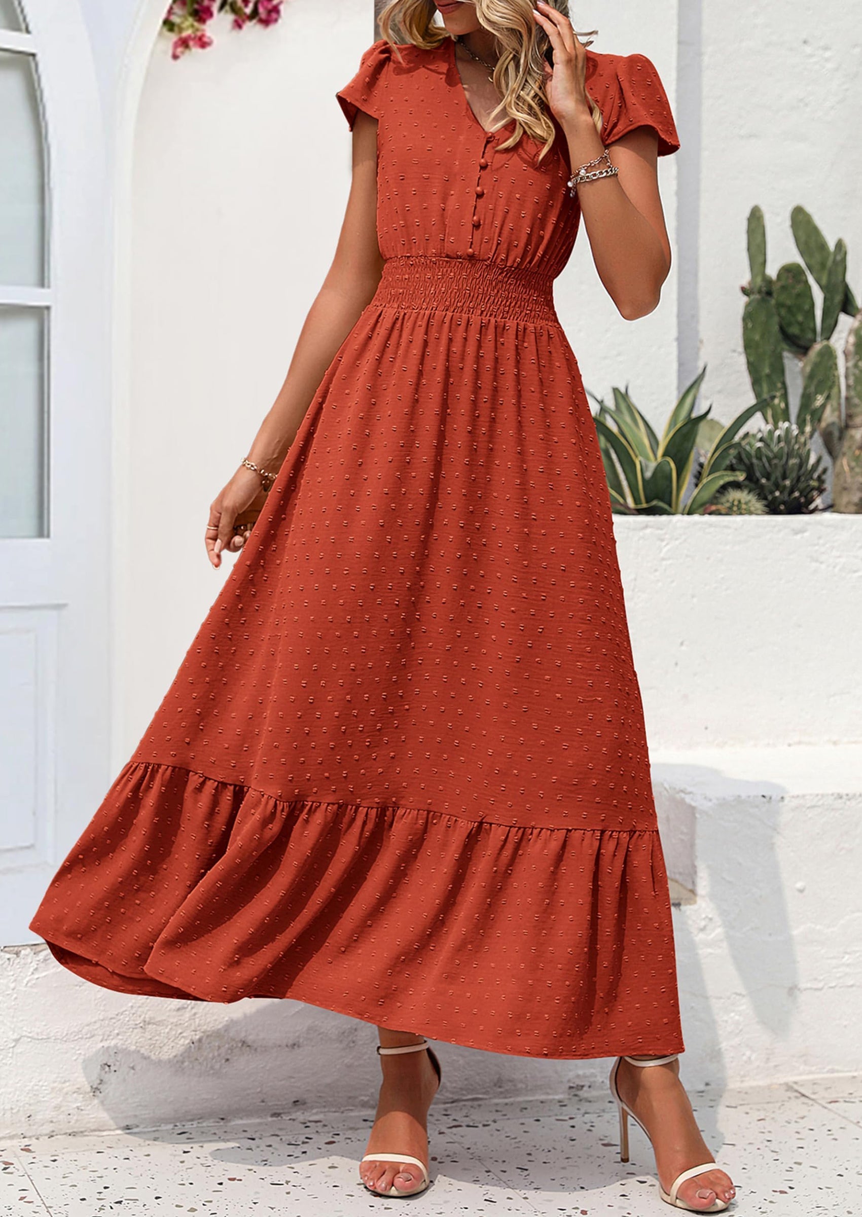 PRETTYGARDEN Womens Dresses Summer Maxi Dress Boho Short Sleeve V Neck Swiss Dot Ruffle Tiered Smocked Flowy Long Dress