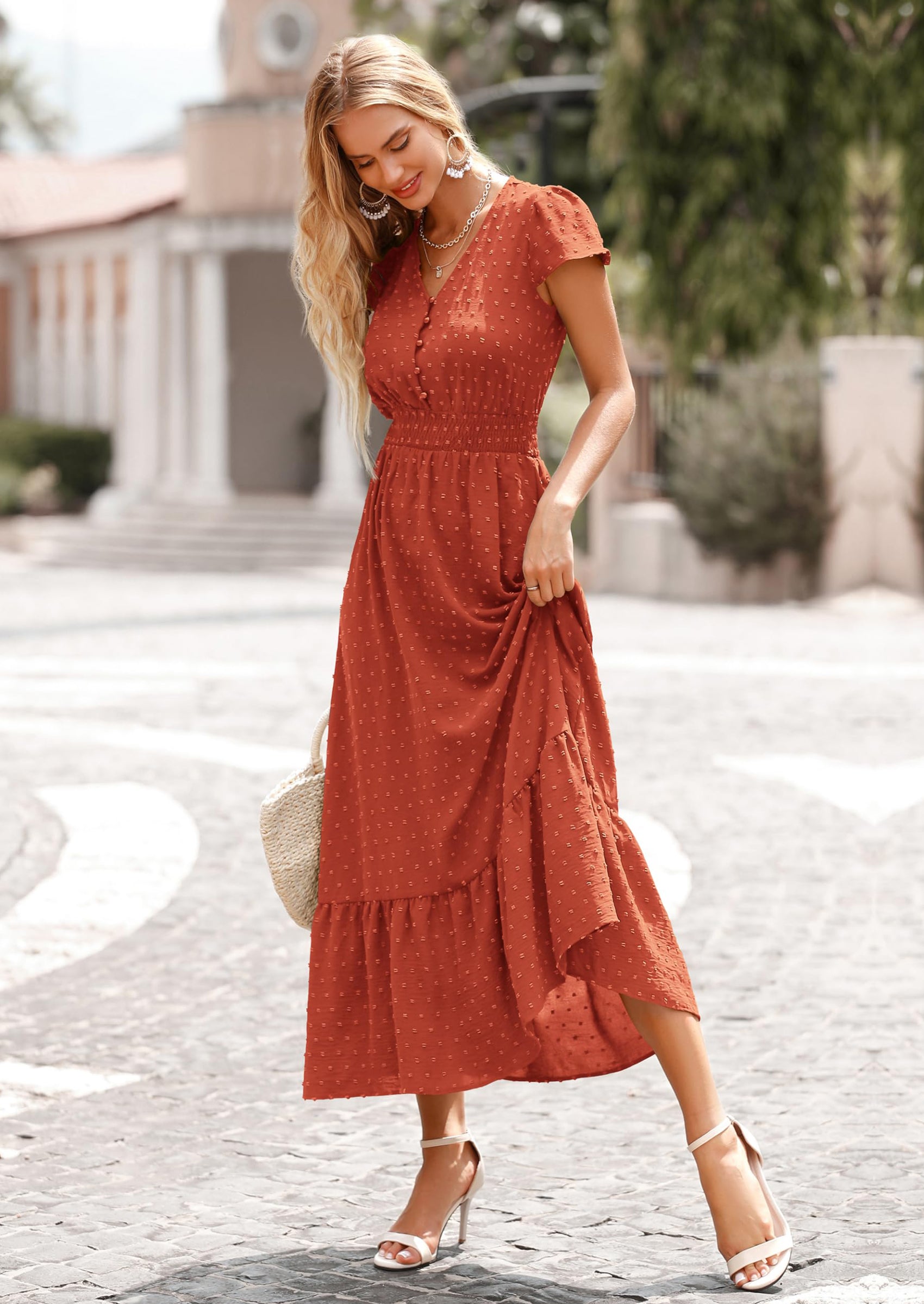 PRETTYGARDEN Womens Dresses Summer Maxi Dress Boho Short Sleeve V Neck Swiss Dot Ruffle Tiered Smocked Flowy Long Dress