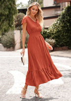 PRETTYGARDEN Womens Dresses Summer Maxi Dress Boho Short Sleeve V Neck Swiss Dot Ruffle Tiered Smocked Flowy Long Dress