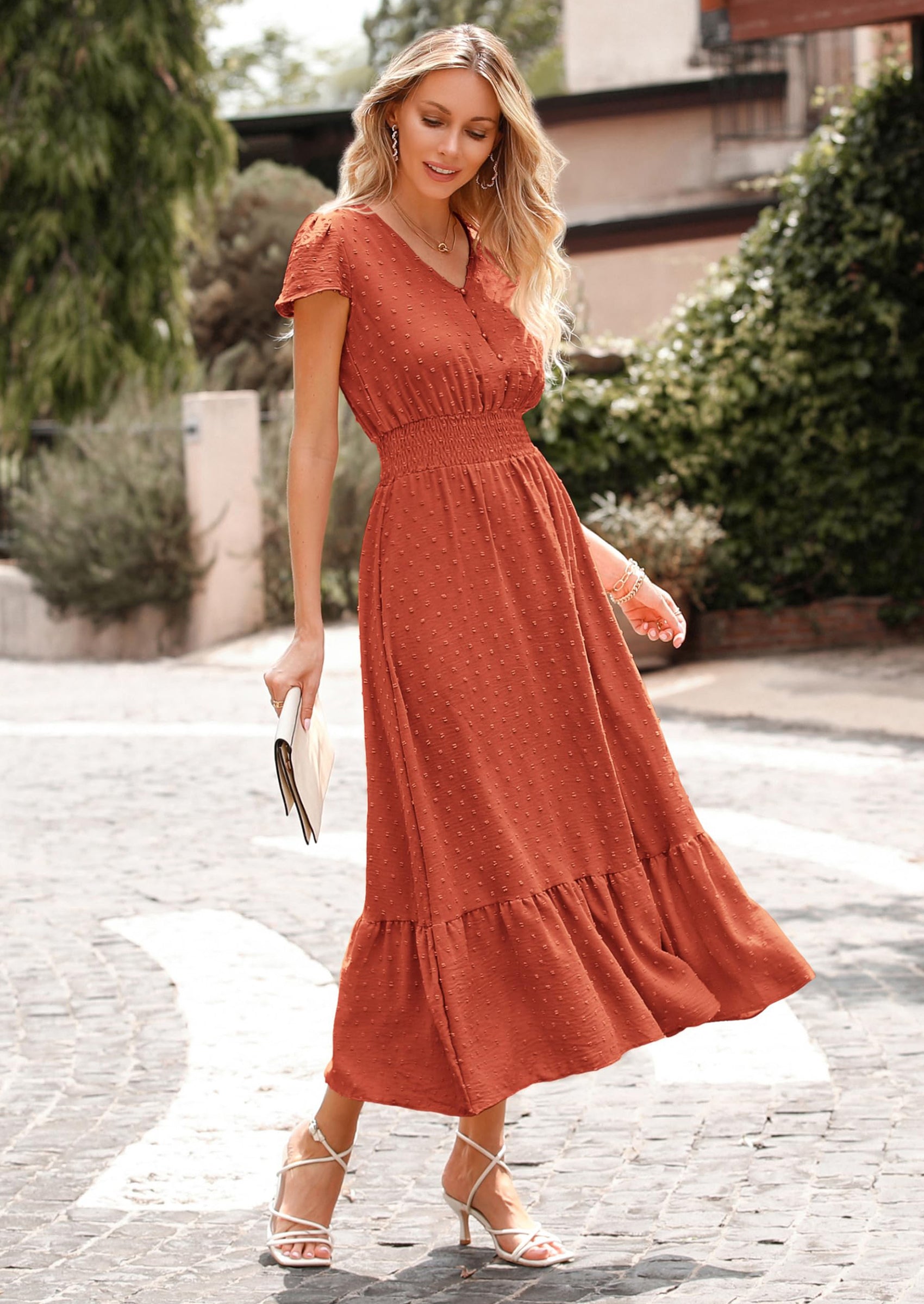 PRETTYGARDEN Womens Dresses Summer Maxi Dress Boho Short Sleeve V Neck Swiss Dot Ruffle Tiered Smocked Flowy Long Dress