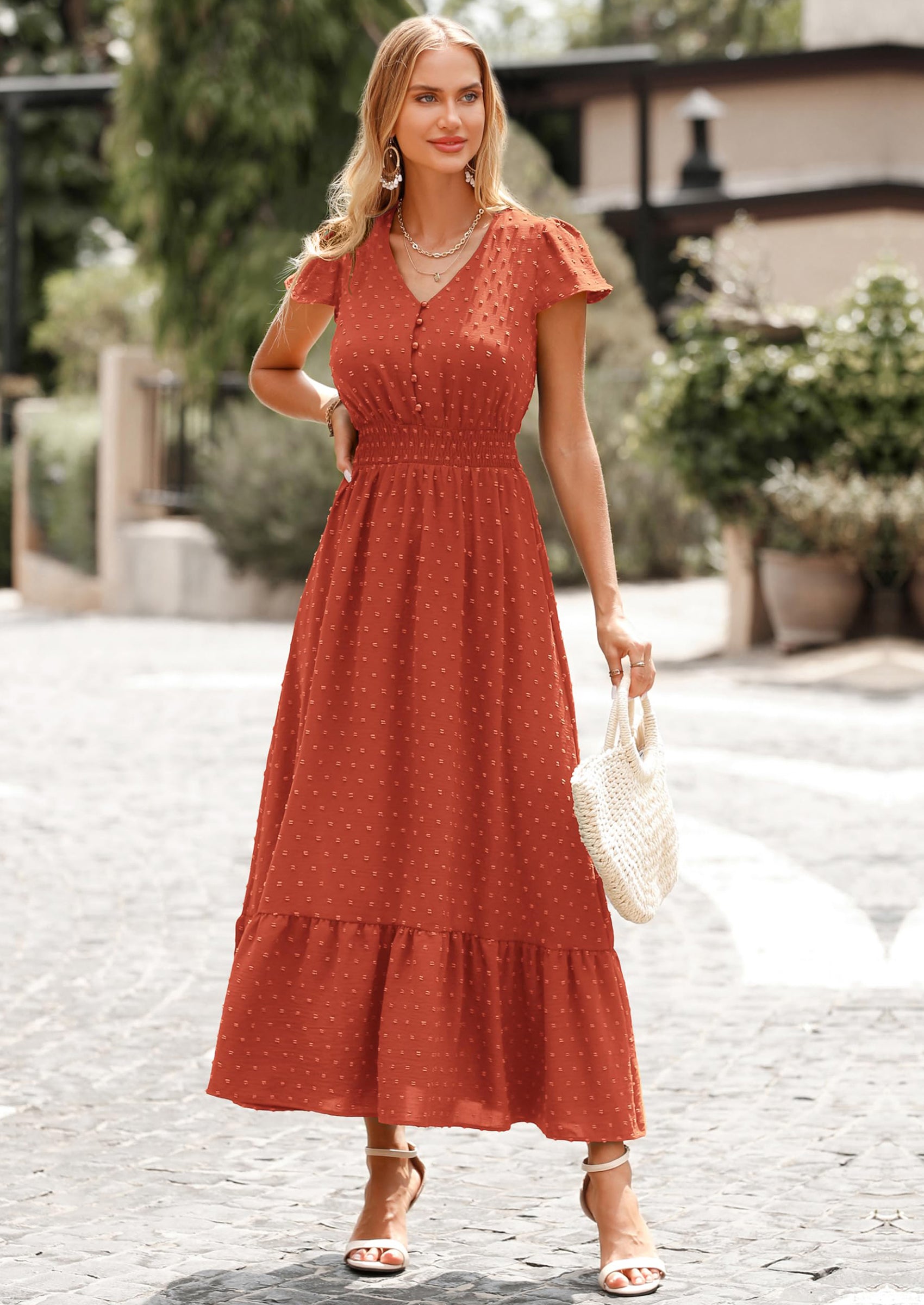 PRETTYGARDEN Womens Dresses Summer Maxi Dress Boho Short Sleeve V Neck Swiss Dot Ruffle Tiered Smocked Flowy Long Dress