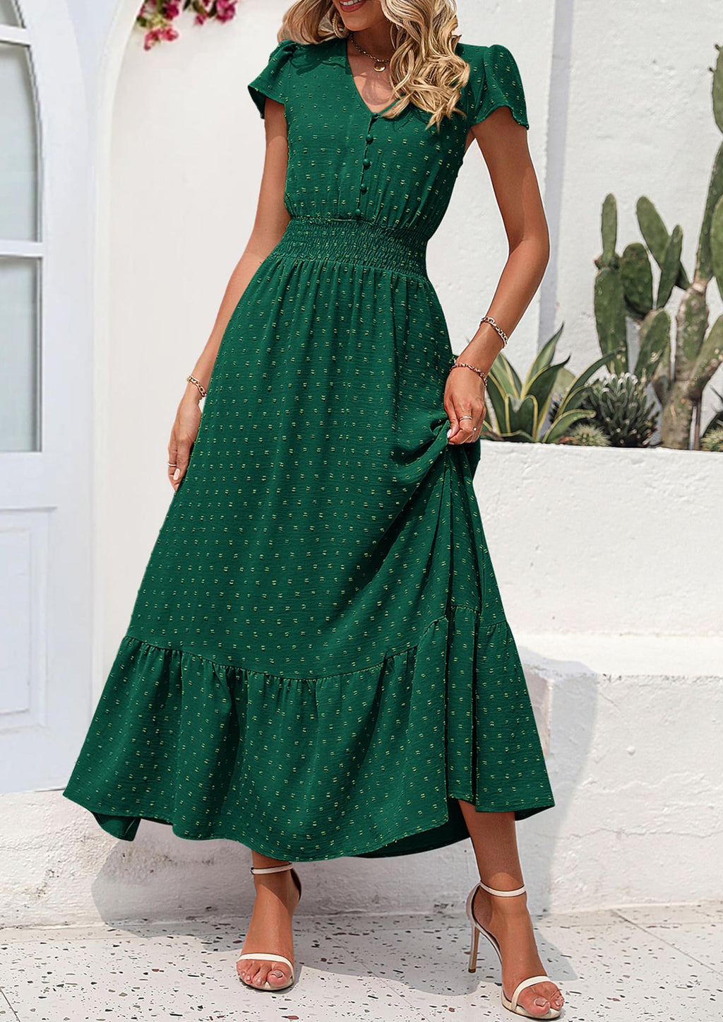 PRETTYGARDEN Womens Dresses Summer Maxi Dress Boho Short Sleeve V Neck Swiss Dot Ruffle Tiered Smocked Flowy Long Dress