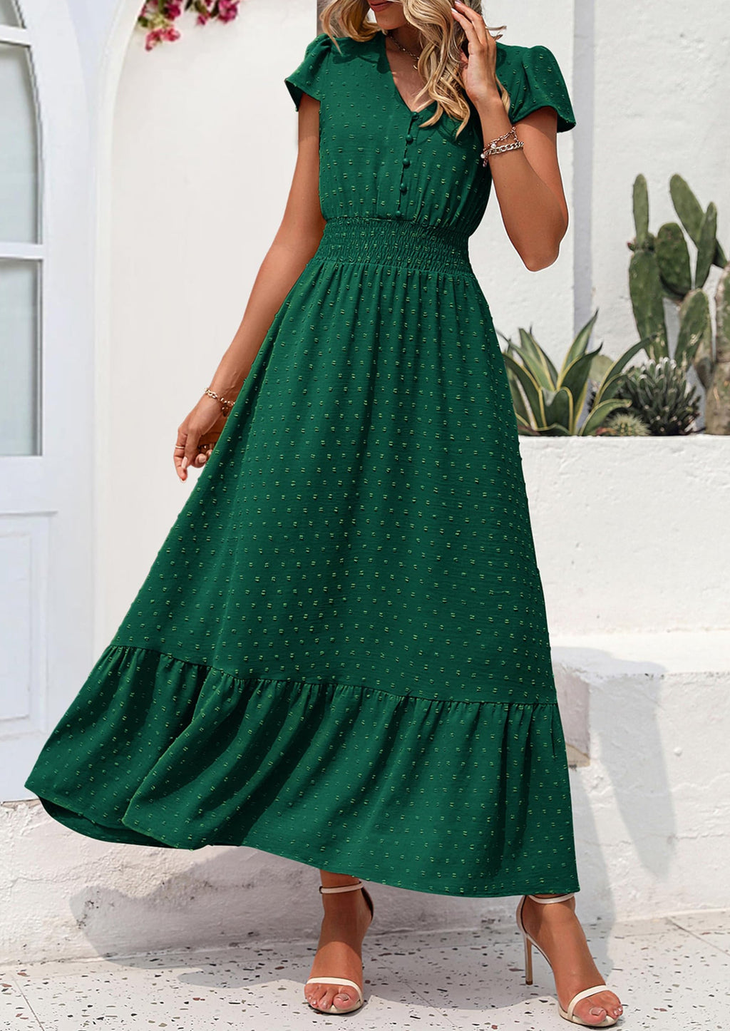 PRETTYGARDEN Womens Dresses Summer Maxi Dress Boho Short Sleeve V Neck Swiss Dot Ruffle Tiered Smocked Flowy Long Dress